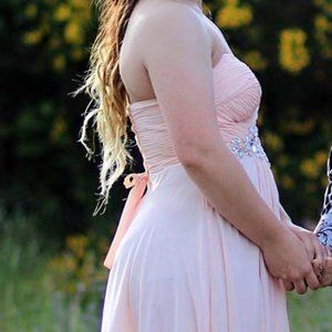 Strapless Sweetheart Neck Light Pink/Peach Formal Gown with Embleshiment belt